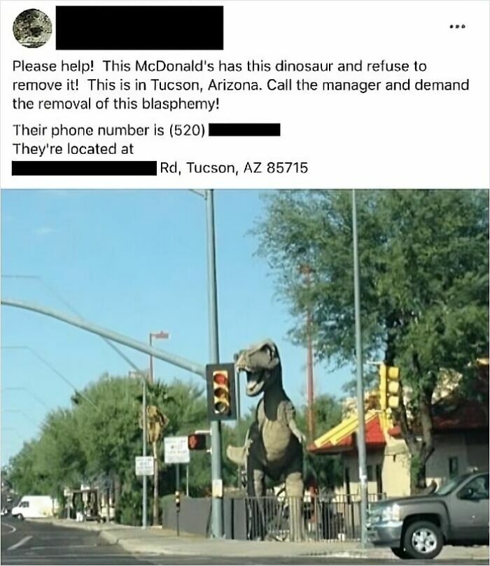 Social media post complaining about a dinosaur statue at a McDonald's in Tucson, reflecting entitled Karen behavior.