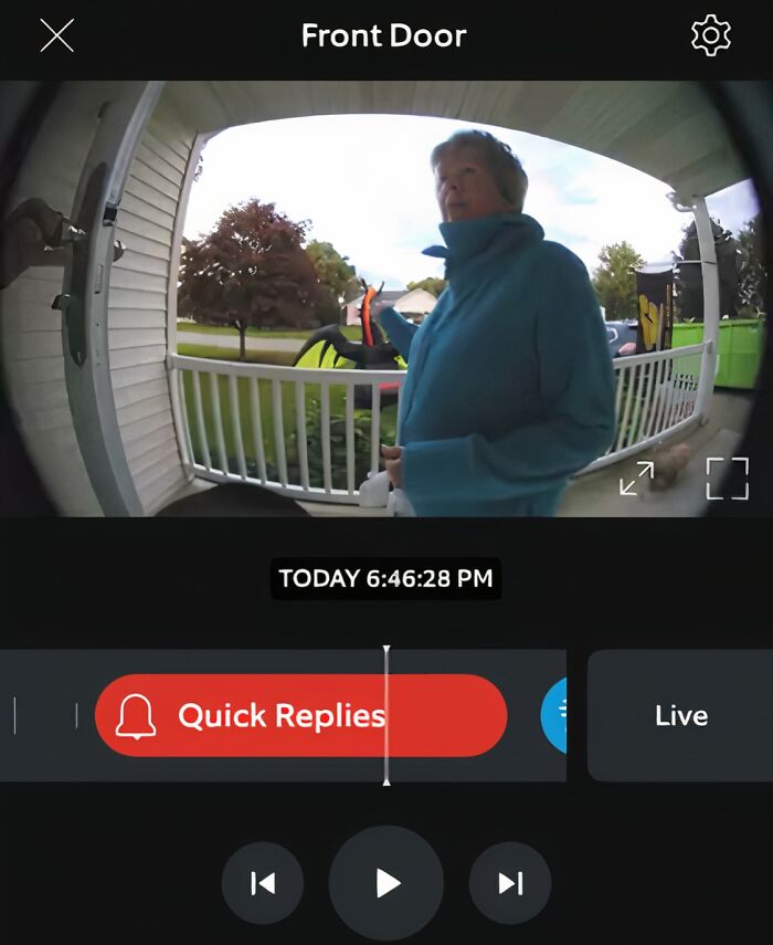 Older woman on front porch captured by doorbell camera in a video titled about entitled Karens missing a sense of shame.