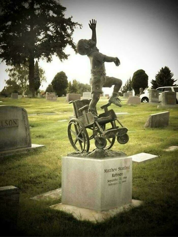 Amazing photos of a statue of a boy emerging from a wheelchair, a powerful image that might brighten your day.