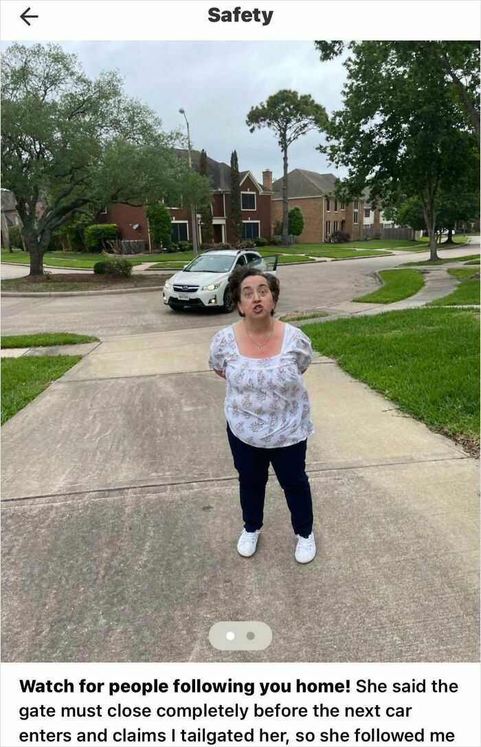 Woman confronting someone on suburban sidewalk, example of entitled Karen behavior and missing sense of shame incident.