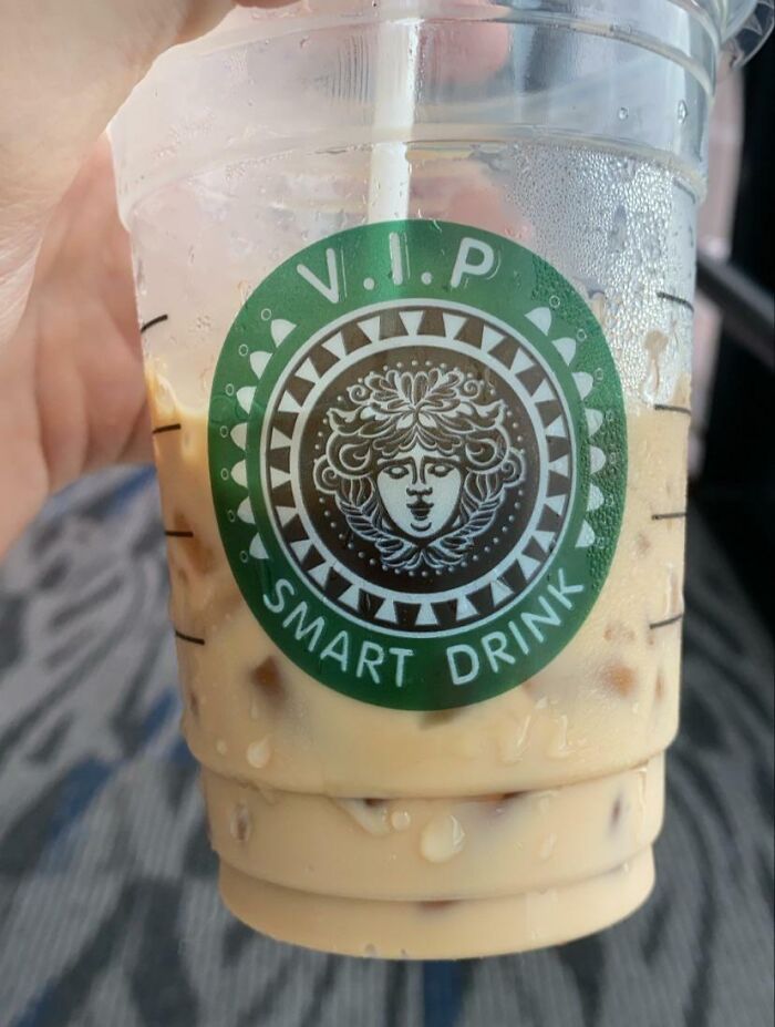 Iced coffee cup with a shamelessly copied famous brand logo parody labeled VIP Smart Drink.
