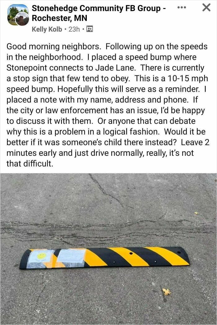 Facebook post about placing a speed bump in neighborhood to address traffic concerns amid entitled Karens complaints.