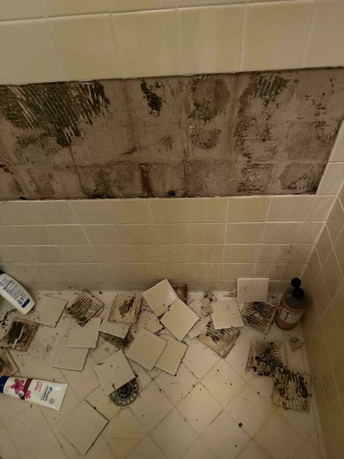 Bathroom floor with broken tiles and damaged wall showing severe home maintenance issues after buying a home.
