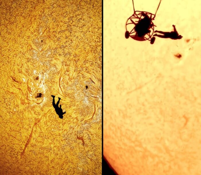 Silhouettes of people appearing against close-up views of the sun’s surface, highlighting strange earth phenomena.