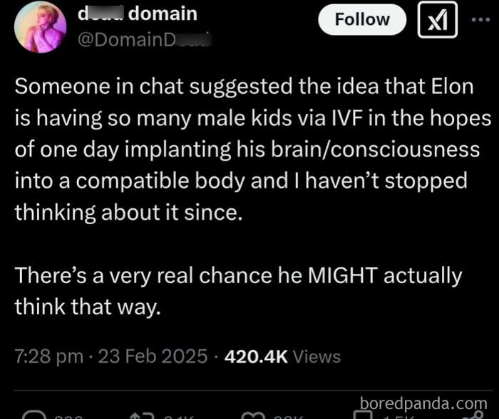 Tweet text discussing a strange Earth theory about implanting consciousness into compatible bodies through male IVF offspring.