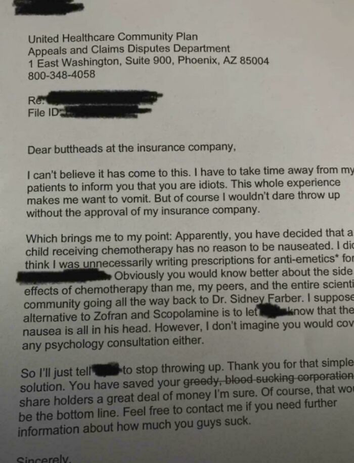 A chaotic good post from real life: an angry letter to an insurance company for denying anti-emetics.