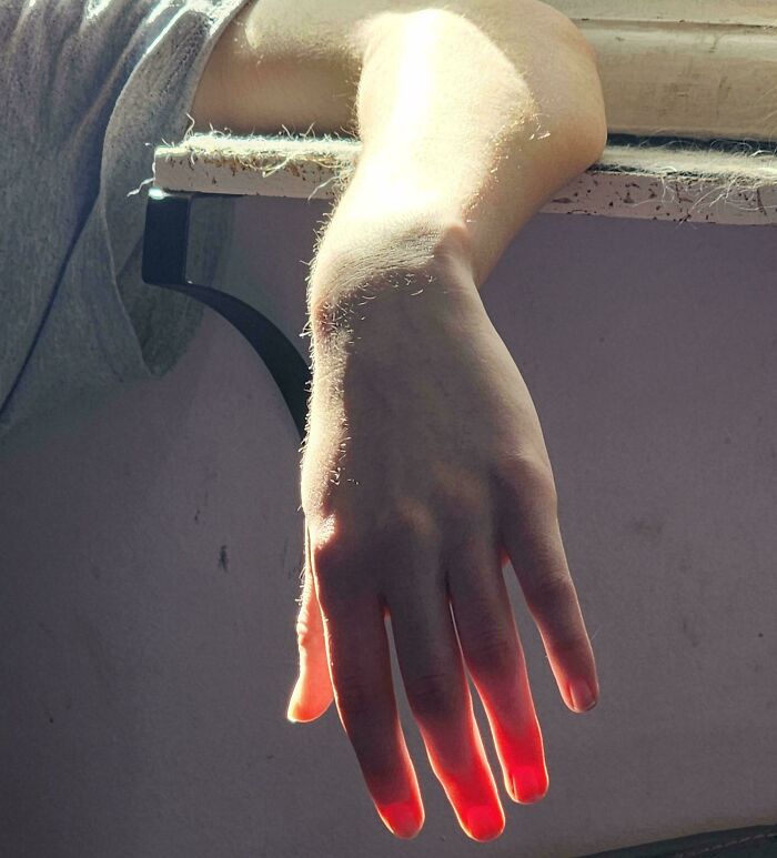 Sunlight shining through a hand draped over a ledge, creating an Accidental Renaissance aesthetic.