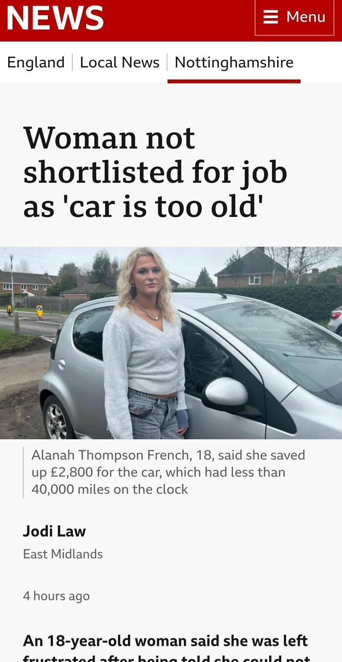 An 18-year-old woman next to her car, rejected from a new job because her car is too old.