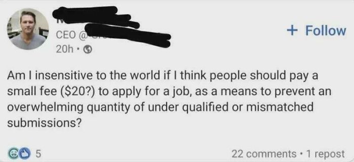 A social media post suggesting applicants pay a fee to apply for a new job, a controversial recruiting hell idea.