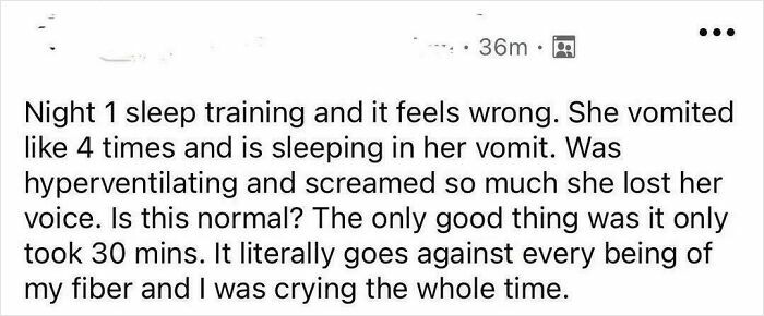 A mom shares a raw experience with sleep training, describing vomiting, crying, and hyperventilating during night one.