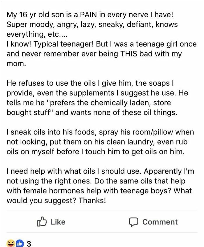 A mom shares a wild post about struggles with her moody teenage son in a mom group online.