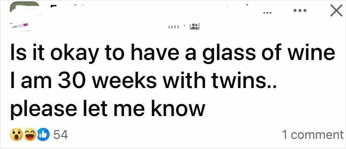 Screenshot of a mom group post questioning if having a glass of wine at 30 weeks pregnant with twins is okay.