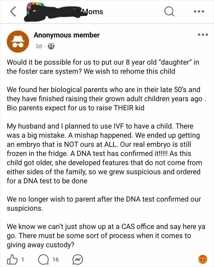 Screenshot of an unhinged post from a mom group online discussing custody and IVF embryo mix-up concerns.