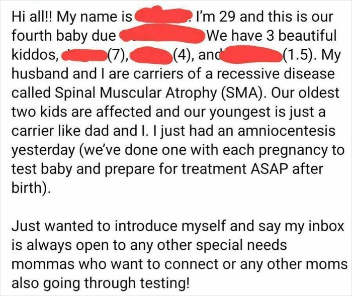 Screenshot of a mom group post discussing genetic testing, spinal muscular atrophy, and connecting with special needs moms online.