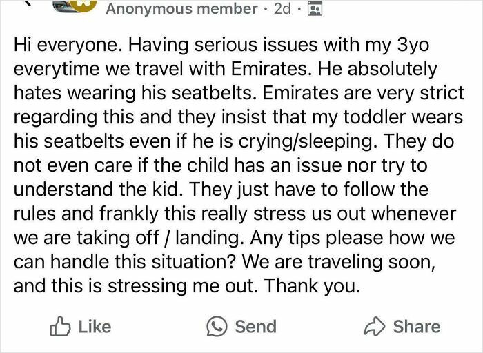 Mom groups post about toddler seatbelt struggles and travel stress with strict airline rules on parenting challenges.