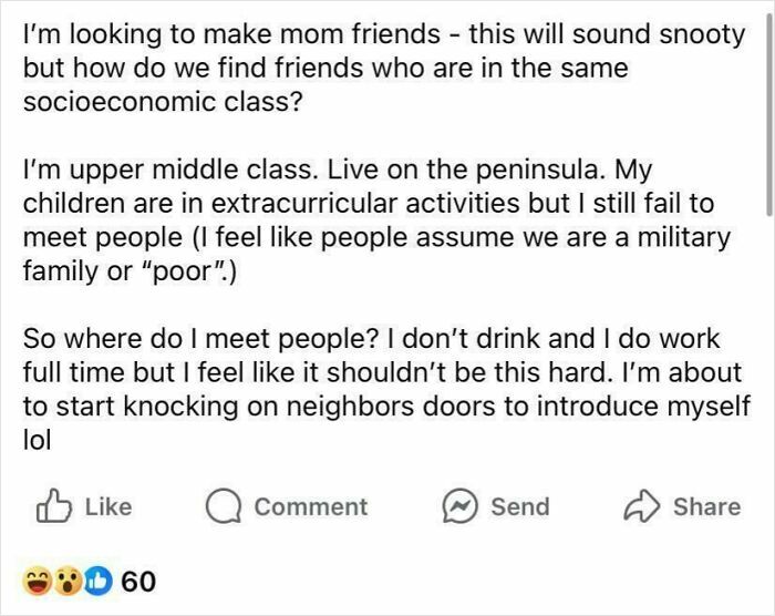 Text post from a mom group asking how to find mom friends in the same socioeconomic class, expressing struggle to meet people.