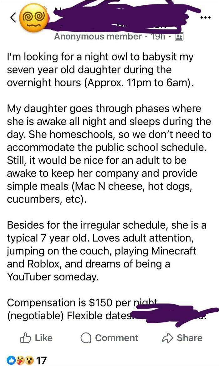 Mom group post seeking night owl babysitter for a homeschooled 7-year-old with irregular sleep schedule and $150 pay.