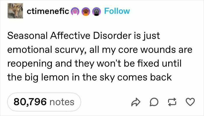 Tumblr post humor about Seasonal Affective Disorder as emotional scurvy, highlighting hilarious Tumblr posts.