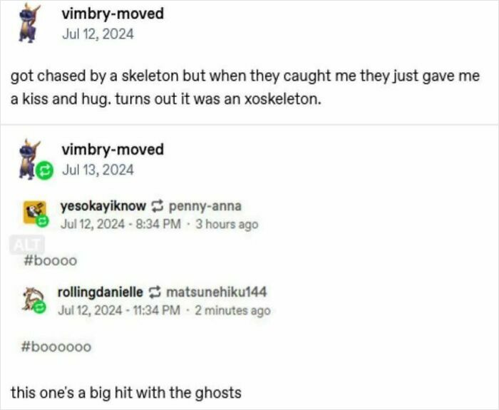 Tumblr post joke about being chased by a skeleton, showcasing hilarious and witty content on the site.