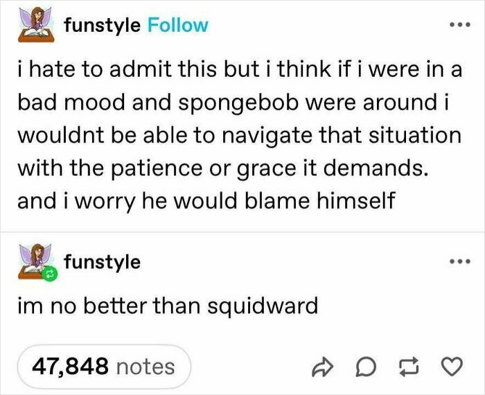 Tumblr post humor about mood struggles and SpongeBob with over 47,000 notes showing site's unapologetic brilliance.