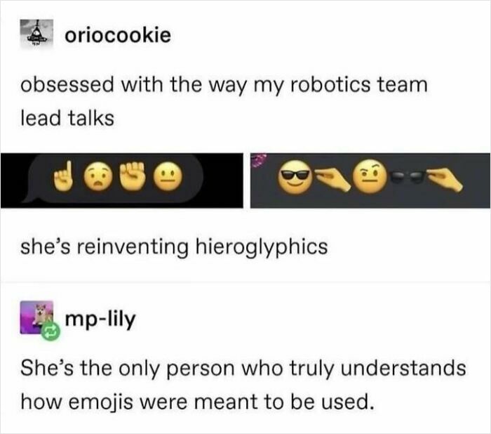 Tumblr post humor about a robotics team lead reinventing hieroglyphics with emojis, showing Tumblr's unapologetic brilliance.