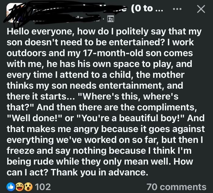 A mom asking how to politely say her 17-month-old son doesn’t need constant entertainment in mom groups online.