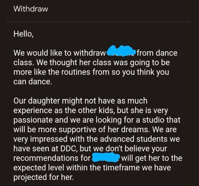 Screenshot of a mom's message withdrawing her child from dance class, showing unhinged posts from mom groups online.