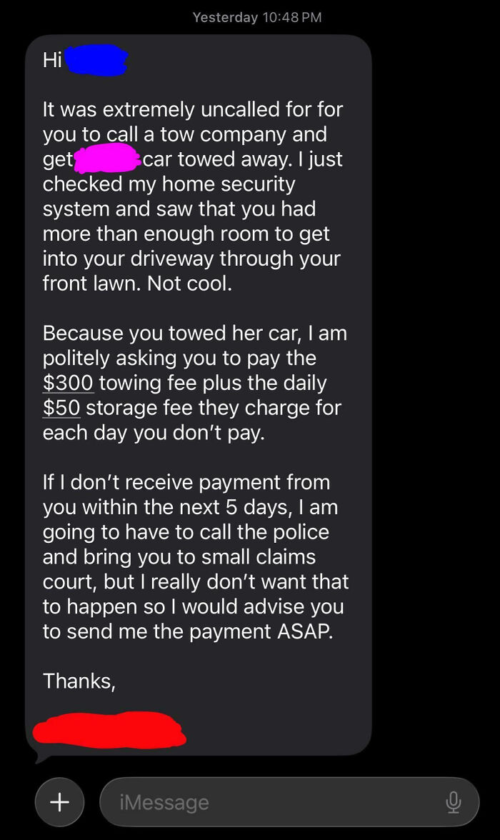 Text message showing a neighbor demanding $300 towing fee after a car was towed, illustrating difficult neighbors.