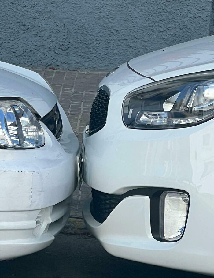 Two white cars involved in a close front bumper collision, illustrating neighbors that would make you move away.