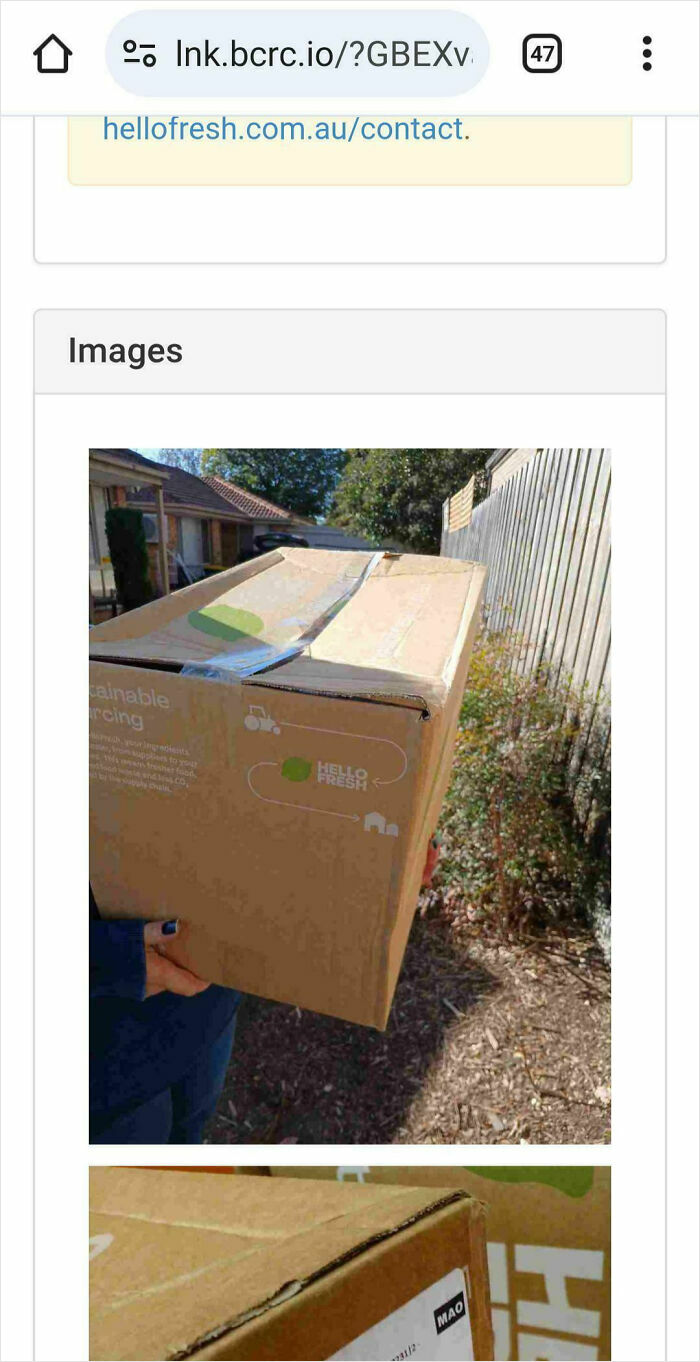 Person holding a HelloFresh box outdoors near a wooden fence and suburban houses in a quiet neighborhood.