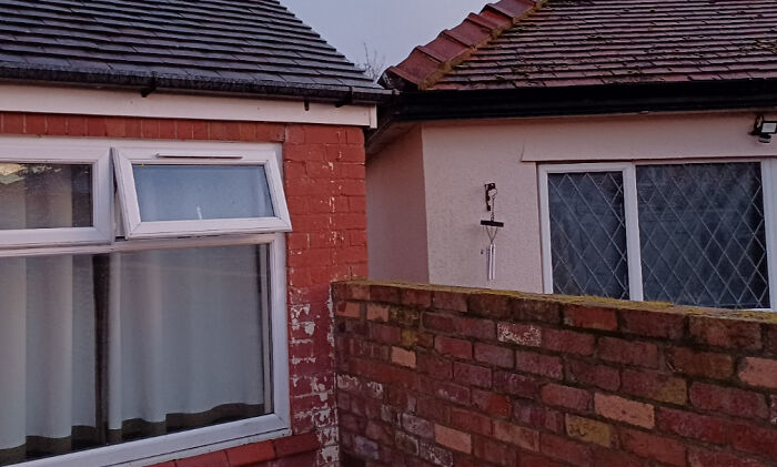 Two neighboring houses separated by a brick wall, illustrating unusual neighbors that make you move to the middle of nowhere.