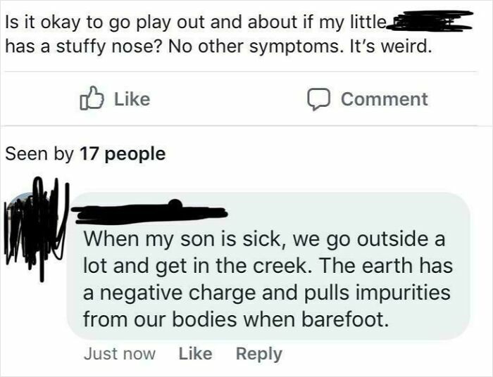 Screenshot of a mom group post discussing unconventional health advice for sick children on an online mom group forum.