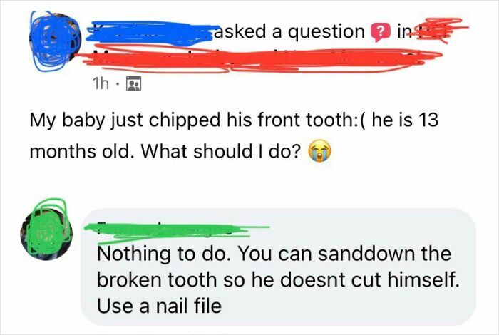 Screenshot of a mom group post where a parent asks for advice about a chipped baby tooth and receives a nail file suggestion.