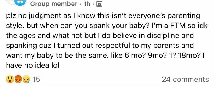 Screenshot of a mom group post asking about appropriate ages for spanking, illustrating wild and unhinged mom group discussions.