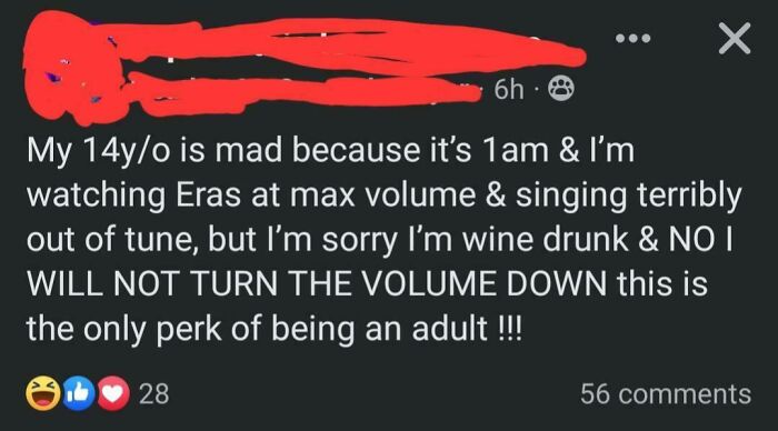 Screenshot of a wild mom group post where a parent sings loudly late at night despite a teenager's complaints.