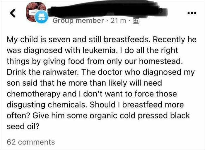Screenshot of a mom group post asking about breastfeeding and organic remedies after son's leukemia diagnosis, showing unhinged content.