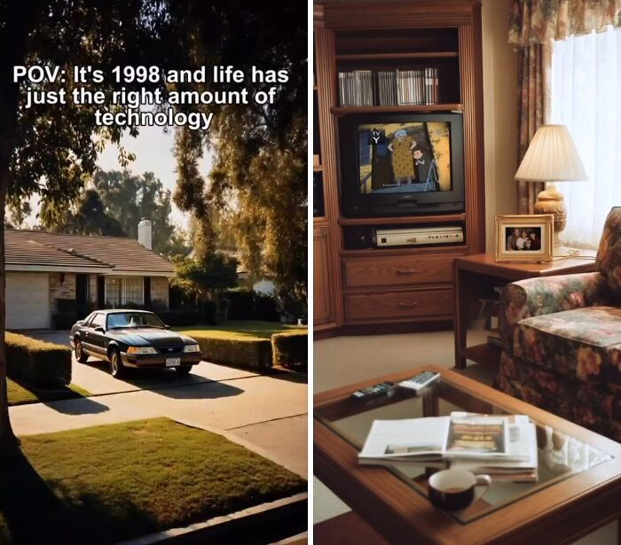 1990s nostalgic suburban home with vintage car and living room featuring old TV and floral furniture showing parts of life.
