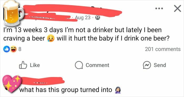 Social media post from a mom group discussing pregnancy cravings and concerns about drinking beer while pregnant.