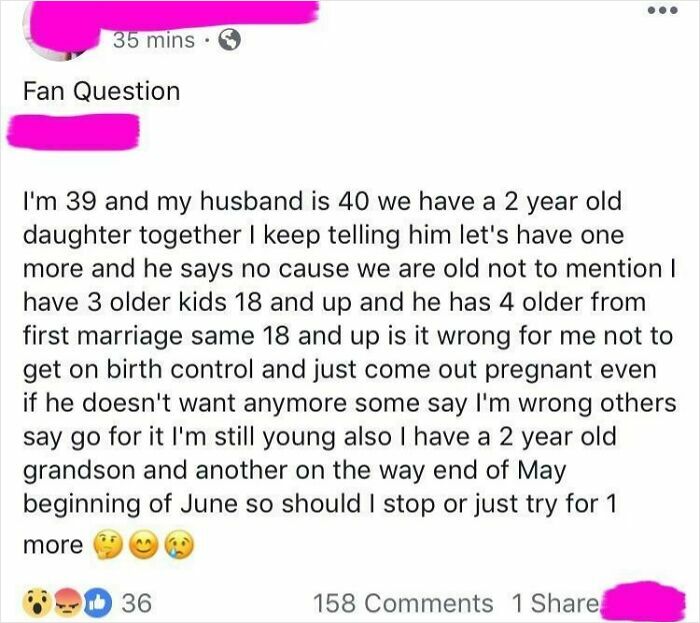 Screenshot of a mom group post discussing pregnancy decisions and family planning in a wild online mom group.