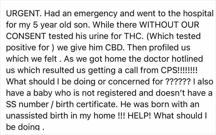Alt text: Disturbing mom group post about emergency hospital visit, unauthorized d**g testing, CPS call, and concerns over unregistered baby.