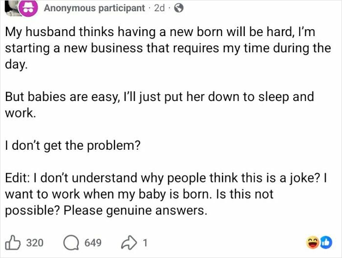 Social media post from a mom group discussing challenges of newborn care and starting a new business during the day.
