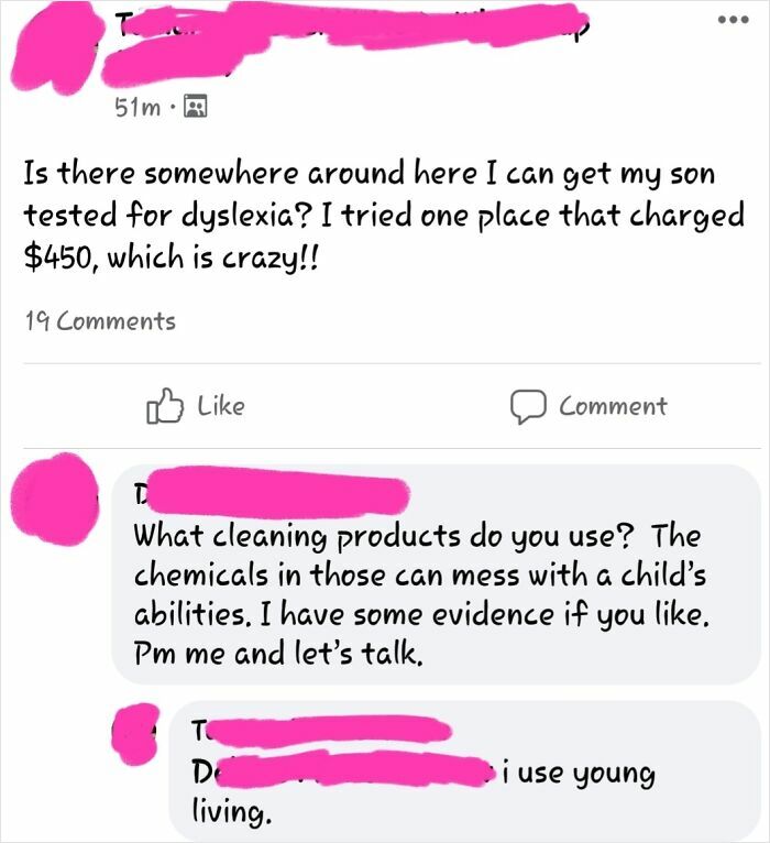 Screenshot of a mom group post discussing dyslexia testing costs and chemical concerns in children's abilities.
