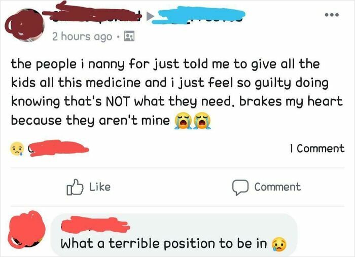 Screenshot of a mom group post about feeling guilty giving medicine to kids not her own, showing an emotional conversation.
