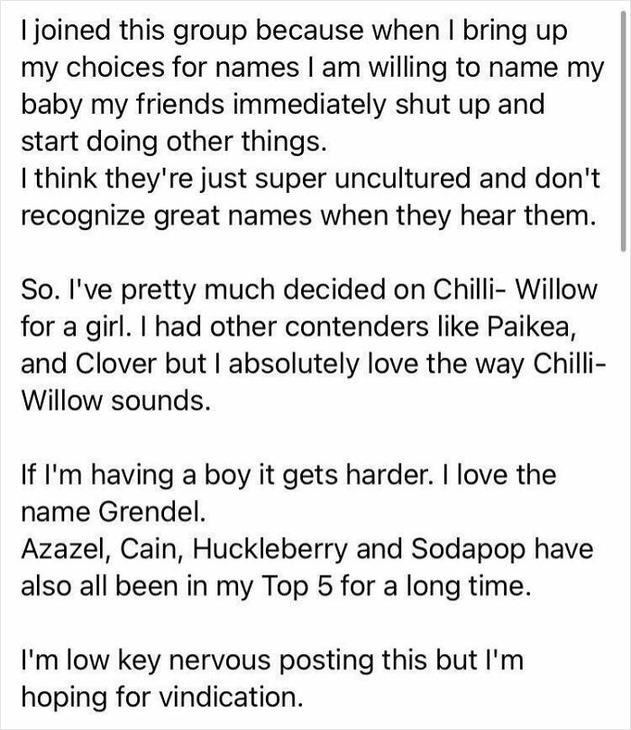 Screenshot of a mom group post discussing unique baby name choices and seeking validation online.