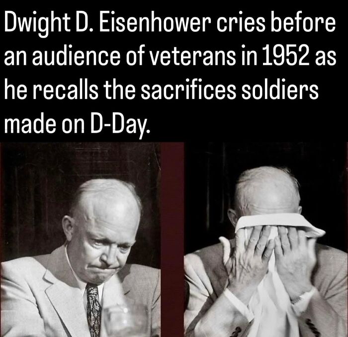 Dwight D. Eisenhower emotional moment in 1952 recalling sacrifices of soldiers on D-Day in unique historic photo.