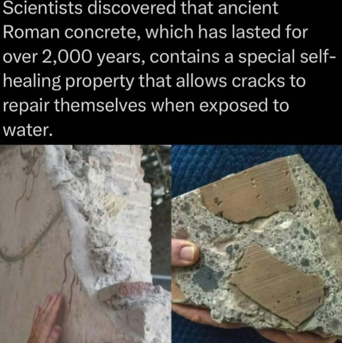 Ancient Roman concrete with self-healing properties shown in photos explaining the wild and nature's unique durability.