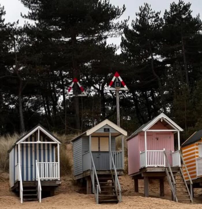 Colorful elevated beach huts on sandy shore with pine trees in the background, showcasing mysterious unidentified objects solved online.