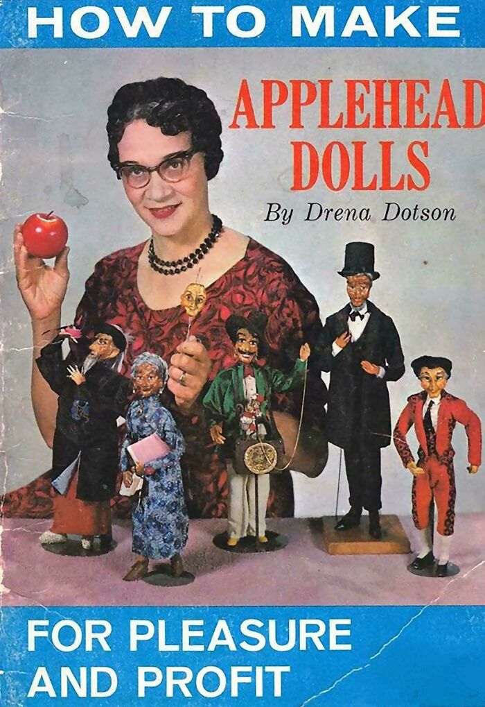 Unhinged book covers: vintage How to Make Applehead Dolls guide with a woman holding a red apple.
