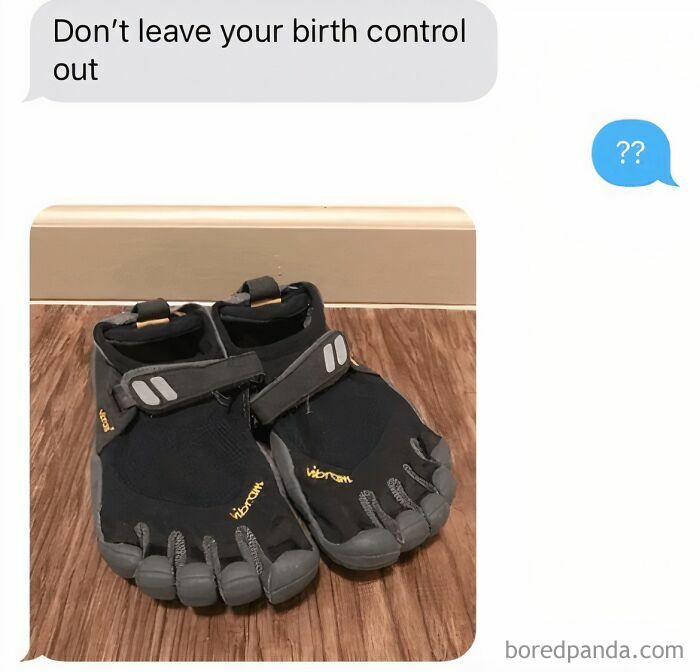 Text message joke about birth control paired with black Vibram FiveFingers shoes in a collection of favorite internet moments.