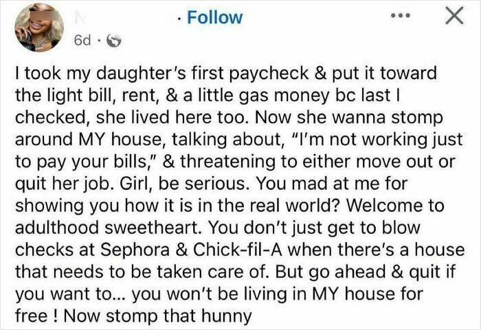 Screenshot of a wild mom group post about adulting struggles and household responsibilities in online mom groups.